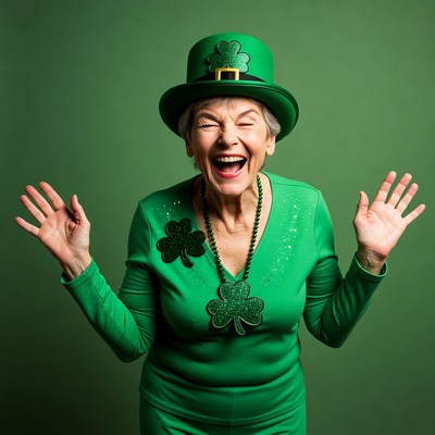 Elderly woman laughing in St. Patrick's hat