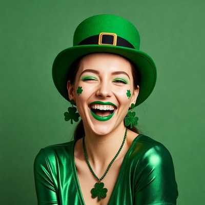 Woman in green leprechaun hat smiling