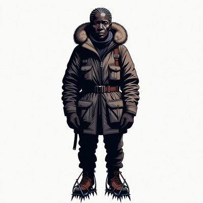 African man in fur parka with snowshoes