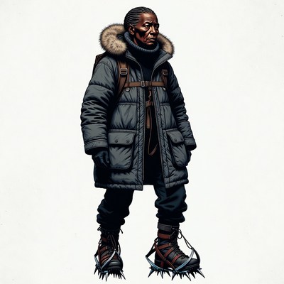 African-American man in parka with crampons