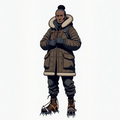 Indigenous man in fur parka with crampons