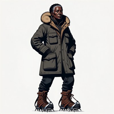 African-American man in parka with crampons