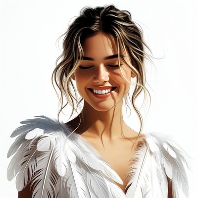 Smiling Woman with White Feathered Wings
