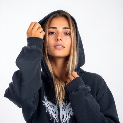Woman in black hoodie with wings design