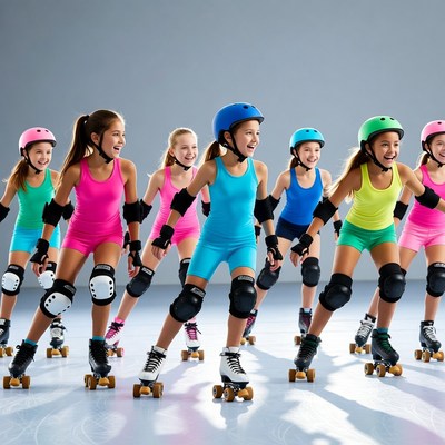 Girls Roller Skating with Protective Gear
