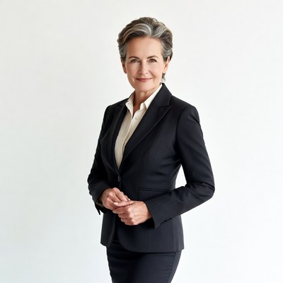 Smiling mature woman in black suit