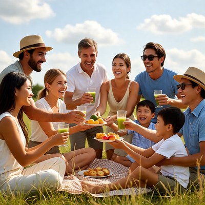 Happy family picnic with fresh juices
