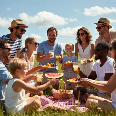 Diverse family picnic on grass