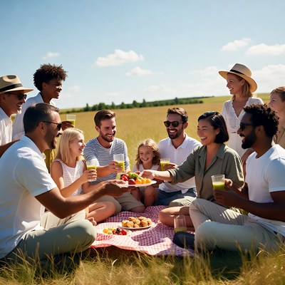 Diverse group toasting drinks at picnic