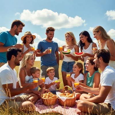 Diverse family picnic with watermelon and juice