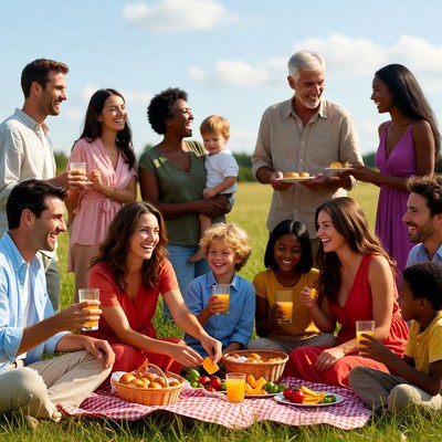 Diverse family picnic with orange juice