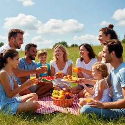 Diverse family picnic in grass