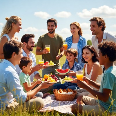 Diverse family picnic with fruits and juice