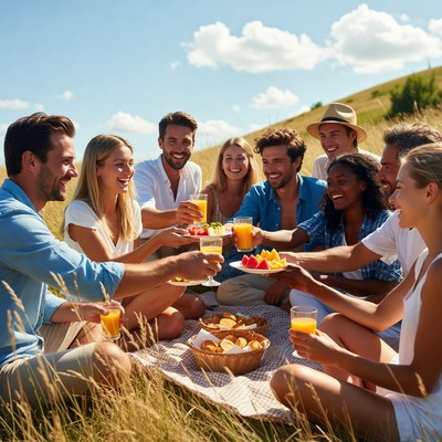 Diverse group toasting with orange juice picnic