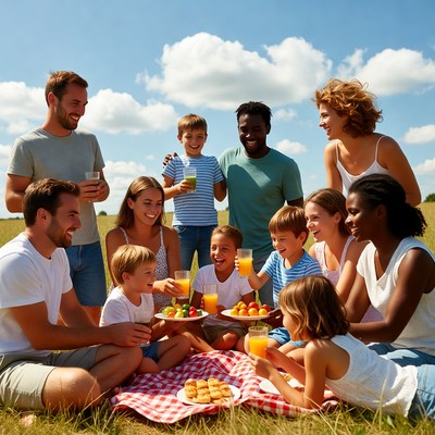 Diverse family picnic with juice outdoors