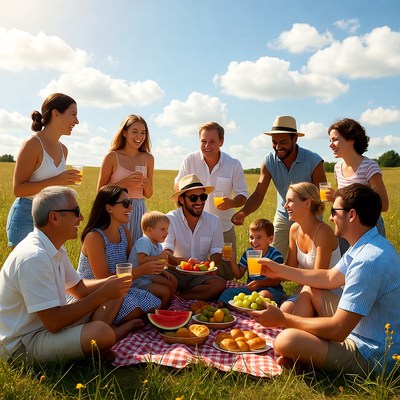Happy multigenerational family picnic outdoors
