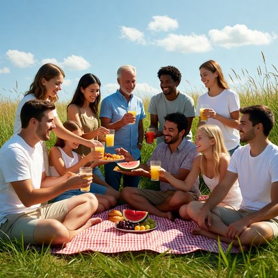 Diverse group enjoying picnic in grass
