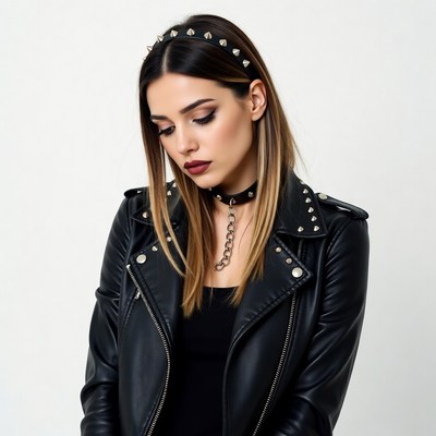 Woman in studded leather jacket