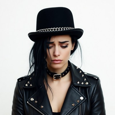 Woman in black studded leather jacket and hat