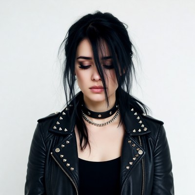 Goth woman in studded leather jacket