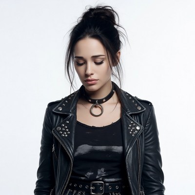 Woman in studded leather jacket