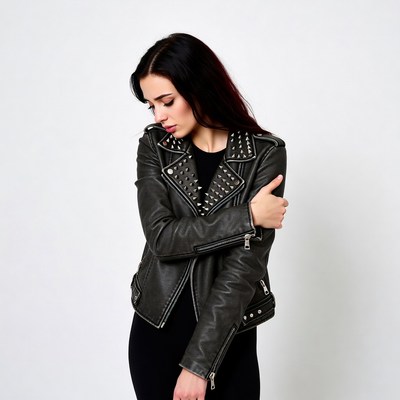 Woman in studded leather jacket