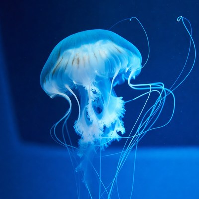 Blue jellyfish floating in dark water