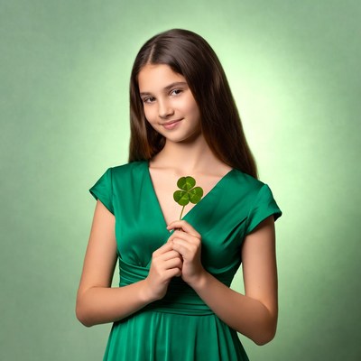 Girl holding four-leaf clover