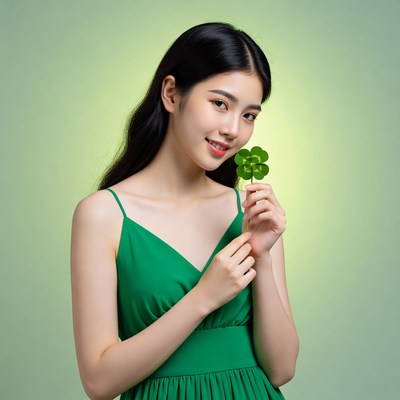 Asian woman holding four-leaf clover