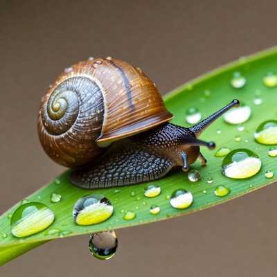 Snail on dewy green leaf