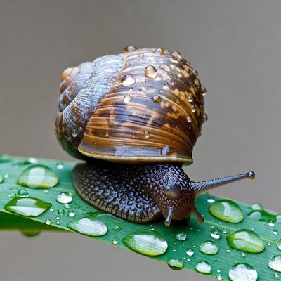 Snail on dewy green leaf