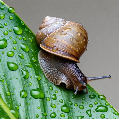 Snail on dewy green leaf