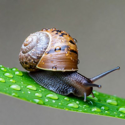 Snail on dewy green leaf