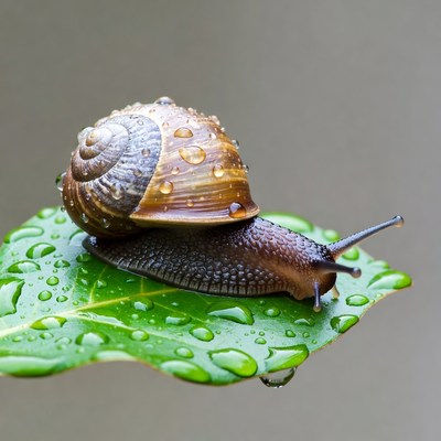 Snail on wet green leaf