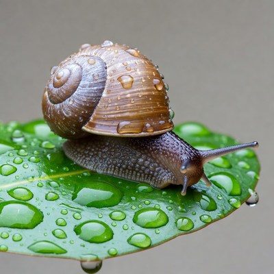 Snail on dewy green leaf