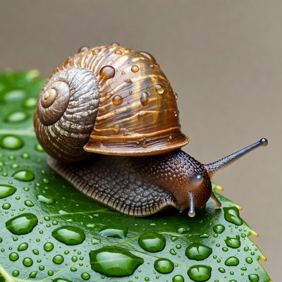 Snail on leaf with water droplets