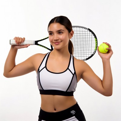Girl holding tennis racket and ball