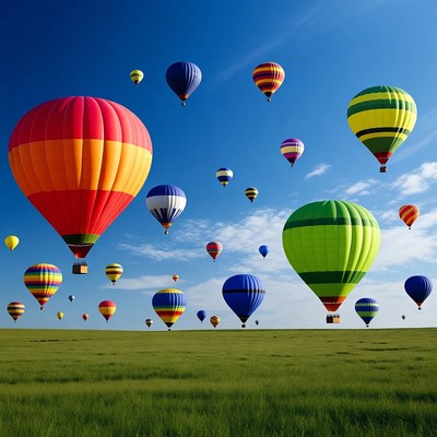 Colorful Hot Air Balloons Over Green Field