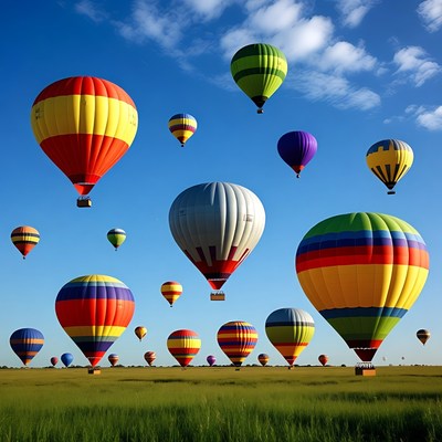 Colorful Hot Air Balloons Over Grass Field