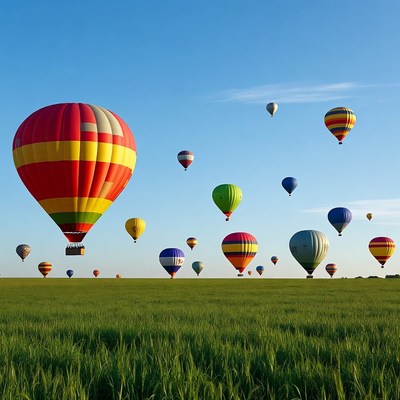 Colorful hot air balloons over green field