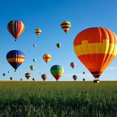 Colorful Hot Air Balloons Over Green Field