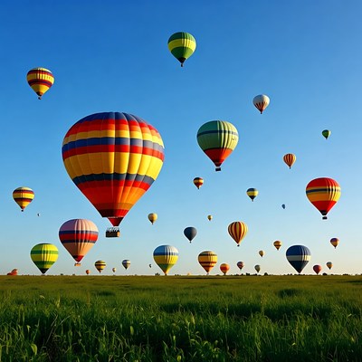Colorful Hot Air Balloons Over Green Field