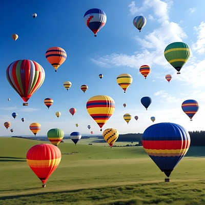 Colorful Hot Air Balloons Over Green Hills