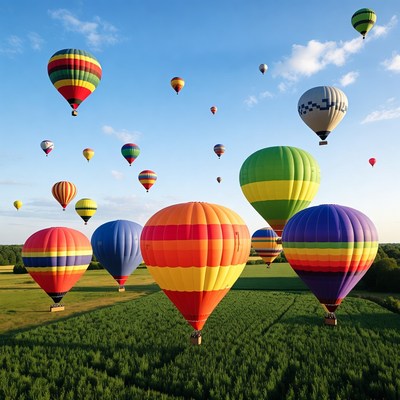 Colorful hot air balloons over green field