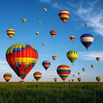 Colorful hot air balloons over green field