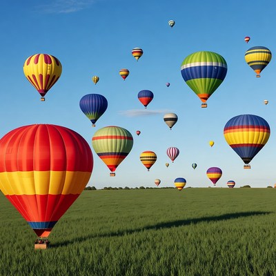 Colorful hot air balloons over green field