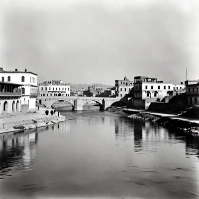 Vintage Bridge Over River with Buildings