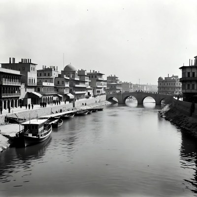 Vintage Bridge Over River with Boats