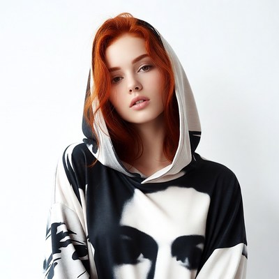 Redhead woman in black and white hoodie