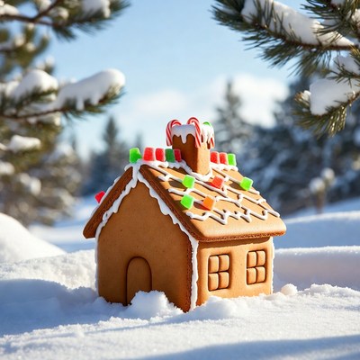 Gingerbread house in snowy forest